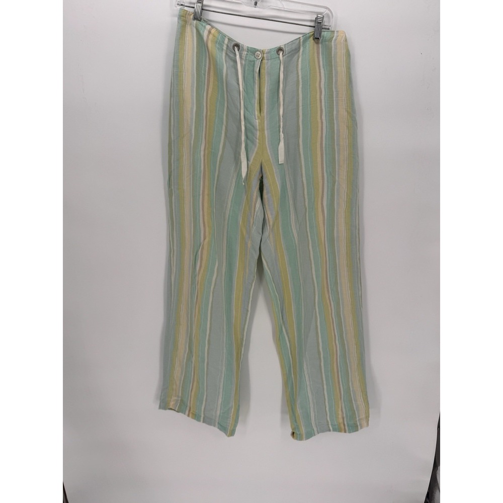 Susan Bristol Size 8 LINEN Pants Blue Green White Stripe Drawstring Coastal Boho